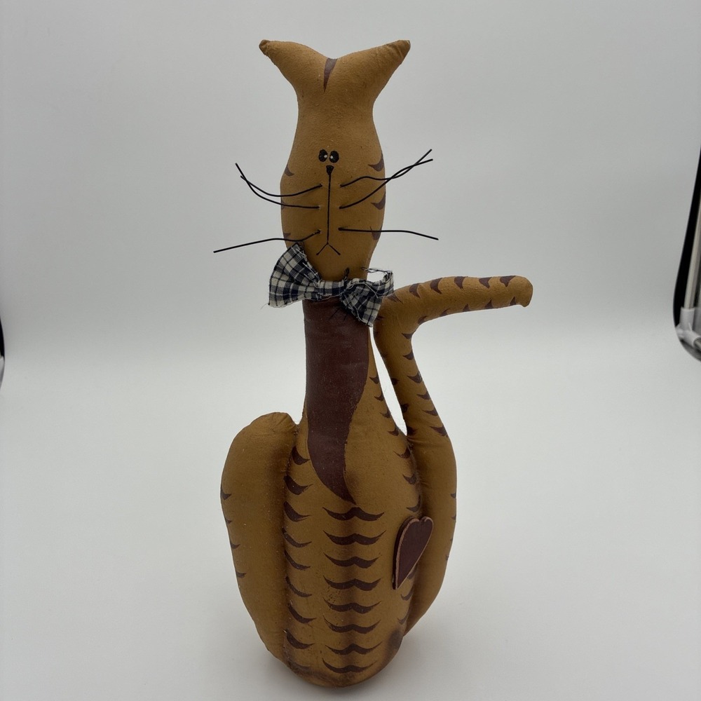 Primitive Folk Art Fabric Cat Figurine Rustic Farmhouse Decor Gingham Bow 14"